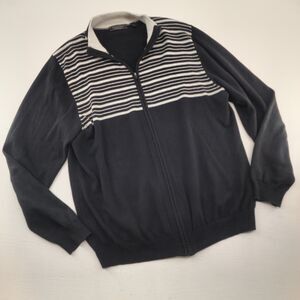 Williams & Kent Size Large | Black Gray Striped 100% Cotton Full Zip Sweater